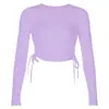 Outono Transfronteiriço Justo Elegante para o Trabalho Slim-fit Manga Longa Suéter Algodão Cor Sólida Gola Redonda Cordão Tridimensional Roupas Femininas