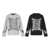 Camiseta de manga comprida waffle cinza mescla linhas desgastadas costela estampa de esqueleto nicho subcultura top solto masculino