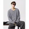Camiseta de Tricô Listrada Retrô com Decote V Manga Longa Masculina Outono Solta Roupa Preguiçosa Relaxada Casual Suéter Pulôver