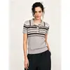 Camiseta feminina de manga curta com gola virada, bloqueio de cores listradas, simples e versátil, polo de tricô casual e estiloso para o verão