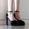 Mostrar Sandálias Femininas Mary Jane Plataforma Baotou Vazado Tira de Fivela de Uma Linha Salto Grosso Salto Alto Sapatos branco-creme