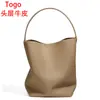 Bolsa de Couro Tipo Balde Casual de Couro Bovino Togo de Camada Superior Estilo Japonês e Coreano Bolsa de Ombro de Couro de Grande Capacidade Casual