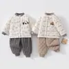 Conjunto de duas peças para bebê, jaqueta de algodão acolchoada e espessa para outono e inverno (120g) e calça, agasalho infantil com top acolchoado