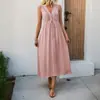 Vestido Largo Casual de Verano 2026, Estilo Nuevo Europeo y Americano Transfronterizo, Estilo Resort, con Encaje y Pliegues, sin Mangas, Cuello en V, Color Sólido