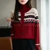 Cárdigan de solapa Fair Isle estrellado vintage con exquisito diseño de jacquard, abrigo de temperamento artístico, artículo versátil de otoño e invierno