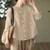 Blusa Retrô Artística de Algodão e Linho Feminina 2025 Outono Novo Estilo Feminino Manga Cinco Pontos Solta Fina Nova Camisa Estilo Chinês Feminina