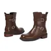 Botas de cuero para mujer transfronterizas, punta redonda, color sólido, cremallera lateral, versátiles, tacón medio, ligeras, botas para mujer de talla grande, calidad de exportación, botas de montar para mujer