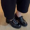 Versión de Piel de Vaca ~ Mocasines de Tacón Alto de Charol para Mujer Elegantes Franceses con Lazo Tacón Grueso Zapatos de Una Capa Zapatos de Cuero Negros Británicos