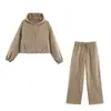 Conjunto esportivo casual feminino, novo estilo outono, solto e modelador, jaqueta bomber com capuz, calça reta de cintura alta