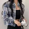 Camisa curta xadrez vintage de gola virada abotoada Dongdaemun coreana, camisa casual solta de manga comprida com proteção solar slim-fit