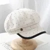 Boina feminina preta com acabamento, moda primavera/verão, boina de pintor retrô, boné newsboy casual de bolinhas que faz o rosto parecer menor