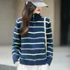 Suéter de punto de algodón puro para mujer, con media cremallera, cuello alto, manga larga, estilo jersey, a rayas, corte holgado, adecuado para primavera y otoño, se puede usar como capa interior o exterior
