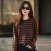 Suéter de Tricô Listrado Estilo Preguiçoso para Mulheres, Novo Suéter Pulôver Gola Redonda, Blusa Top Base Elegante e Versátil para Mulheres A14449