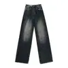 Jeans de Perna Larga Azul Escuro Estilo Retrô Americano High Street Feminino 2024 Novo Calça Mop Solta Calça Reta