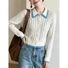 Nuevo suéter de punto a rayas de color blanco roto con cuello POLO, ajuste slim, un cárdigan top suave y juvenil de estilo preppy, 2026