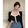 Francês Elegante Outono e Inverno Design Moda Puff Manga Slim-fit Slimming Manga Longa T-shirt Malha Nicho Spice Girl Top