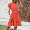 Vestido Estilo Vacacional Transfronterizo Ruihu 2025 Verano Europeo y Americano Elegante Hoja de Loto Manga Corta con Cordones Falda Línea A para Mujer