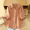 Camisa de lino de manga corta con solapa, moderna y elegante, para mujer, top de verano holgado para madres que cubre el vientre, hecho de lino y algodón
