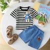 2025 Nuevo Traje de Verano para Niño con Rayas, Cuello Redondo y Manga Corta, Shorts de Mezclilla Casual para Bebé, Conjunto de Dos Piezas Dropshipping