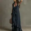Nova Roupa Casual Feminina de Verão 2026, Vestido Transfronteiriço Estilo Europeu e Americano, Vestido Longo Liso Elegante e Moderno com Decote U