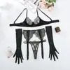 Lencería sexy estilo europeo bordado de flor superdelgado encaje transparente busto grande se ve más pequeño con guantes tanga conjunto de cuatro piezas