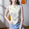 Nuevo top sin mangas estampado estilo chino con cuello cheongsam para mujer, corte ajustado, irregular, 2024, primavera, chaleco con cremallera y botón de perla