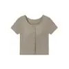 Top Feminino Justo de Manga Curta em Modal com Bojo e Camiseta Básica com Rosca por Dentro e por Fora, Estilo Curto
