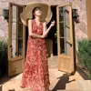 Vestido Halter de Cuello en V Estampado Retro Elegante Sexy Francés para Mujer Verano Nuevo Sin Mangas Aspecto Adelgazante en la Cintura Falda Larga