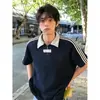 Camisa Polo Rayada Azul Marino de Verano con Media Cremallera y Cuello Solapa Estilo Universitario para Hombre Camiseta Pesada de Manga Corta Tacto de Alta Gama Manga Corta