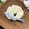 Scrunchie Branco de Renda Vazada Quadrado Estilo Francês para Cabelo, Prendedor Grande com Laço e Flor de Fita