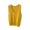 Foto Real de 2025 Chaleco de Punto Casual de Color Puro Amarillo Fresco de Cuello V Sin Mangas Holgado para Uso Diario, Simple y Versátil