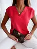 AliExpress 2025 Deseos Amazon Explosiones Verano Color Sólido Manga Corta Cuello en V Camisa de Mujer Camisa Ropa de Mujer