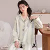 Pijama de algodón puro de manga larga y pantalón largo, cárdigan de primavera y otoño con cuello vuelto, diseño de dibujos animados, conjunto de dos piezas de ropa para el hogar para mujer transfronterizo