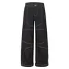 Calça Jeans Wide-Leg Patchwork Preta de Cintura Alta com Efeito Emagrecedor, Preta com Design de Costura Visível, Calça Reta de Marca de Moda de Rua de Nicho
