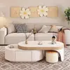Mesa de Té de Pizarra para Sala de Estar, Color Crema, Modelo Nuevo 2025 para Apartamento Pequeño Moderno, Lujo Ligero, Simple, Mesa de Café Extensible, Taburete, Ratán