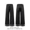 Calça Jeans Wide Leg Retrô Americana com Rebites para Homens Bolso Traseiro com Rebites Metálicos Bainha Dobrada Estampa de Bandeira Nacional Calça Reta Comprida