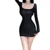 Corre toma sexy sexy caliente chica escote bajo brillante ajustado tubo vestido negro pequeño manga larga vestido básico 6230