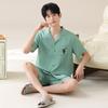 Pijama Masculino de Manga Curta com Shorts em Estoque do Fabricante, Seda Gelada, Estilo Novo de Verão, Cardigã com Lapela, Roupa de Casa, Conjunto de Duas Peças