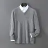 Suéter de Lã Veludo Baicai Masculino Gola V Pulôver Cor Sólida Camada Base Suéter Rejuvenescedor para Adolescente Tricô Casual de Negócios