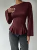 Moda europeia e americana transfronteiriça, top plissado justo de manga comprida, novo estilo, disponível na Amazon e em sites independentes, camiseta de gola alta para outono/inverno, roupas femininas