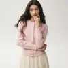 Início do outono, luxo leve, cardigã de cashmere delicado com bordado de lantejoulas para mulheres, gola redonda, acabamento em renda, peça de tricô externa macia e respirável