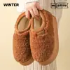 Zapatillas de Lana de Cordero Felpa Algodón Suela Gruesa Otoño Invierno para Mujer Hogar Interior Antideslizantes Cálidas Forro Polar Talón Cerrado Zapatos de Algodón con Piel