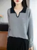 Suéter de punto base para mujer, de manga larga, con cuello de tijera y bloques de color, de lana fina peinada, nuevo para primavera y otoño, corte slim, estilo retro francés