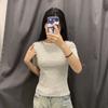 Ropa de Mujer Estilo Japonés 25 Primavera y Verano Canalé Cuello Barco Rayas Camiseta/Manga Corta Manga Tres Cuartos Ajustado Base Pullover 475842
