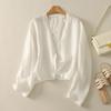 Foto Real de Chaqueta Camisa Blanca para Mujer Verano Artístico Manga Larga Cárdigan Top Diseño Delgado Holgado Camisa Protectora Solar