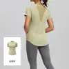 Camiseta deportiva de verano para mujer, manga corta, de malla color durazno con retazos, alta elasticidad, secado rápido, adelgazante, entallada a la cintura, transpirable, para fitness