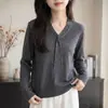 Suéter de tricô com decote V e fitas para mulheres, de manga comprida, estiloso, elegante, emagrecedor, versátil, malha fina, fino, roxo