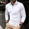 Camisa Polo Masculina de Manga Longa Nova Europeia e Americana Cor Sólida Estampa 3D Casual de Negócios Gola Lapela Polo Respirável