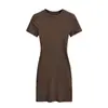 Vestido Feminino Americano Justo de Gola Redonda e Manga Curta, Estilo Básico Ajustado, Mini Vestido Bodycon Esticável e Sexy
