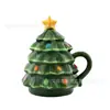 Caneca Cerâmica com Tampa Árvore Nostálgica de 16 Onças - Caneca de Natal Verde